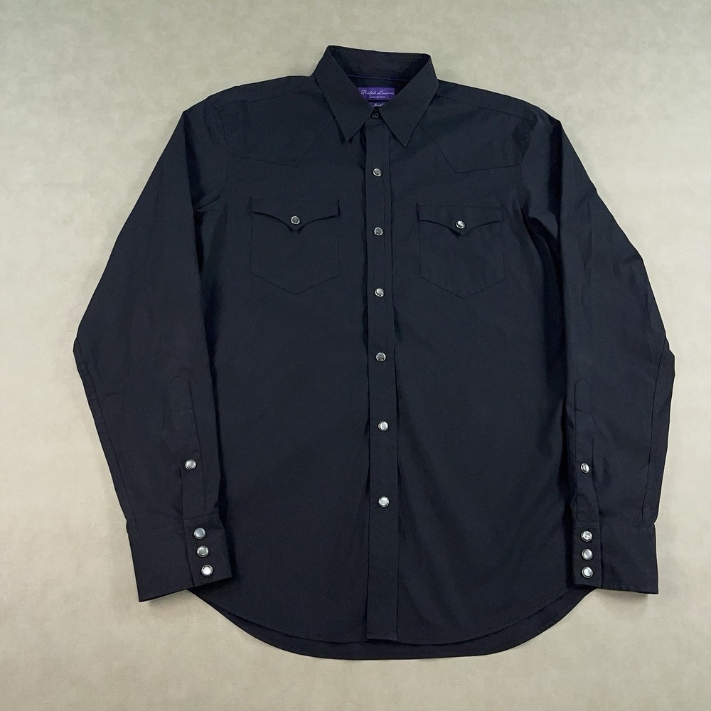 Ralph Lauren Purple Label Western Cotton Blend Shirt Mens M Black Pearl Snap EUC